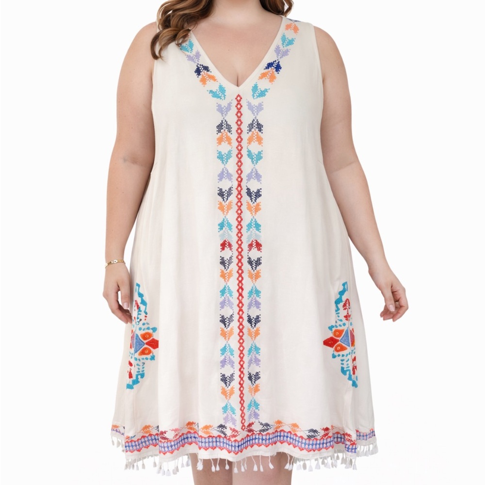 Plus Size white boho tribal tassel trim sleeveless v-neck shift dress size 5XL